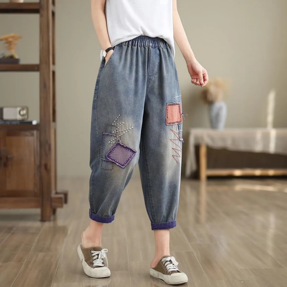 Women Retro Patch Embroidered Printed Loose Jeans Casual Ripped Jeans Harem Pants