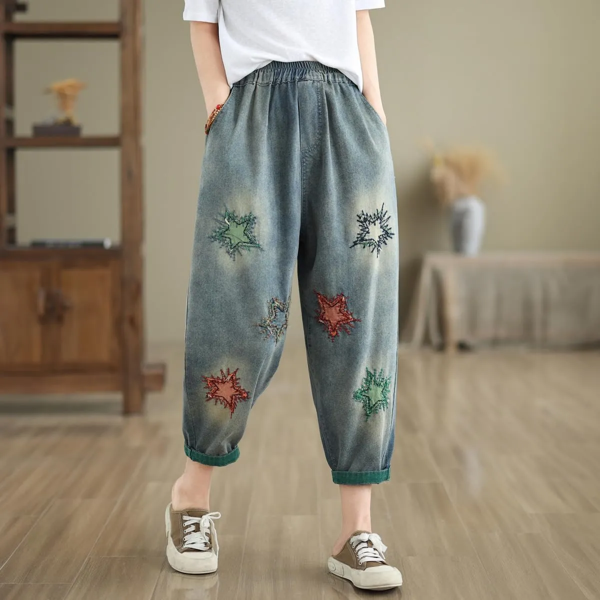 Women Retro Patch Embroidered Printed Loose Jeans Casual Ripped Jeans Harem Pants