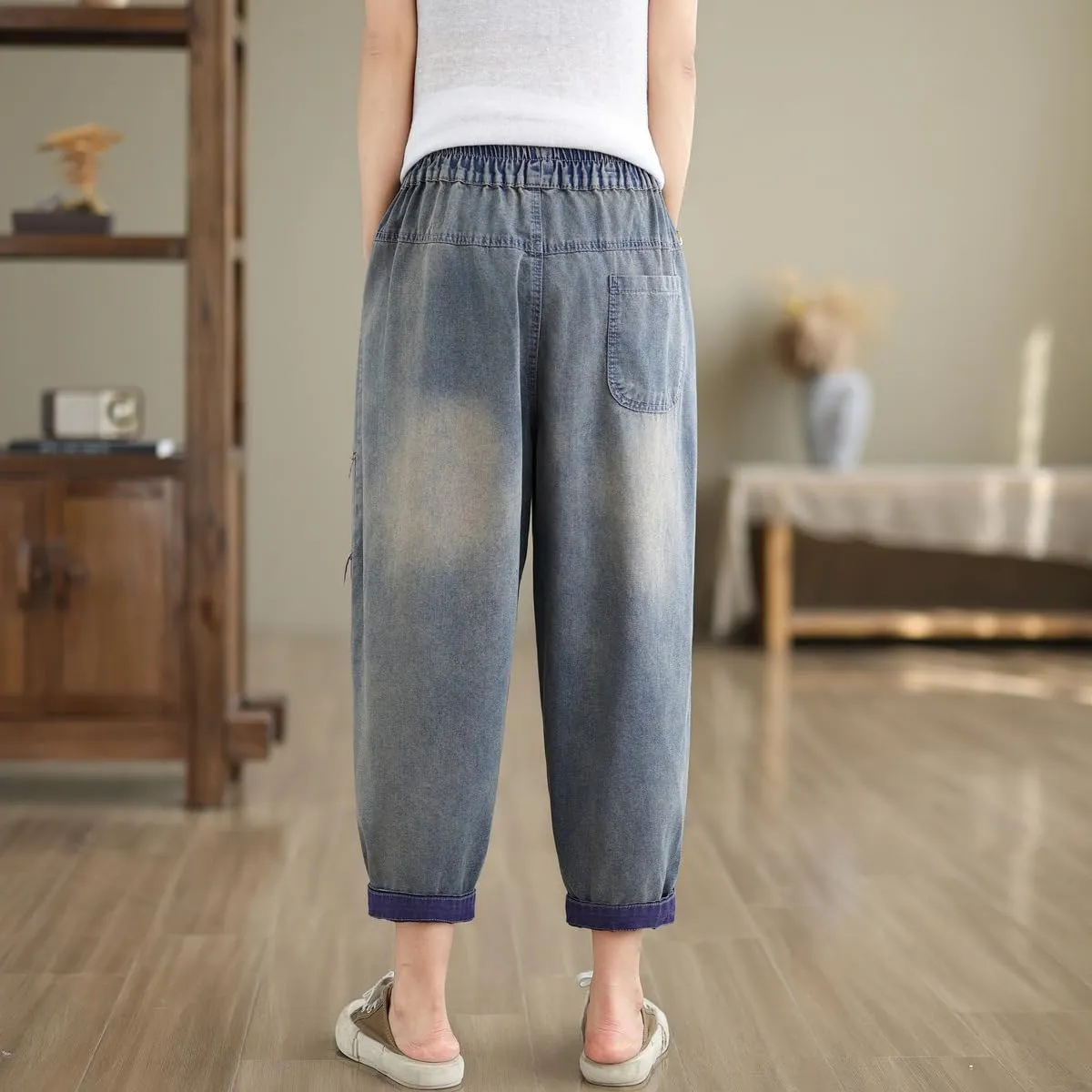 Women Retro Patch Embroidered Printed Loose Jeans Casual Ripped Jeans Harem Pants
