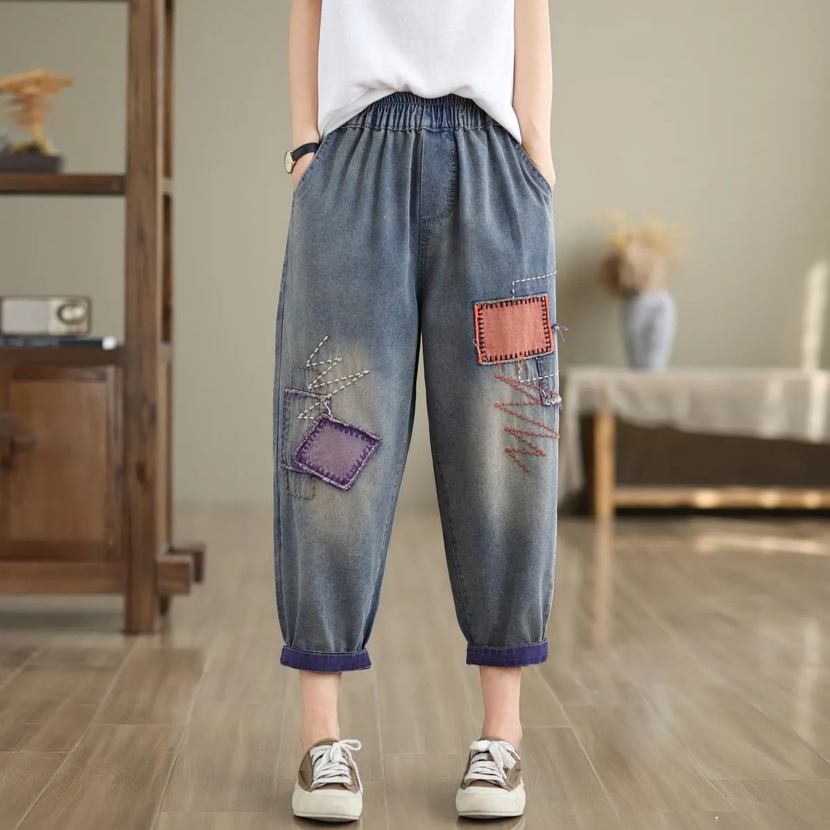 Women Retro Patch Embroidered Printed Loose Jeans Casual Ripped Jeans Harem Pants