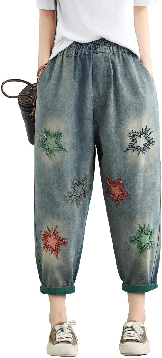 Women Retro Patch Embroidered Printed Loose Jeans Casual Ripped Jeans Harem Pants