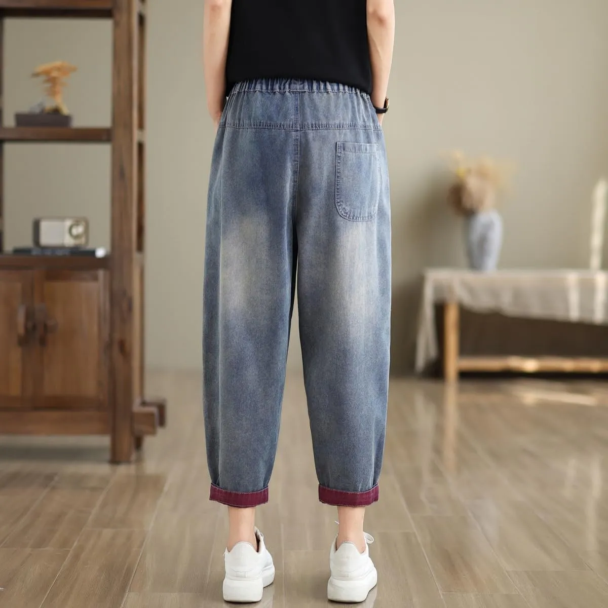 Women Retro Patch Embroidered Printed Loose Jeans Casual Ripped Jeans Harem Pants