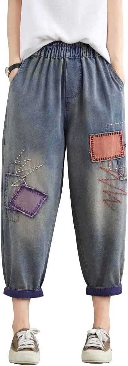 Women Retro Patch Embroidered Printed Loose Jeans Casual Ripped Jeans Harem Pants