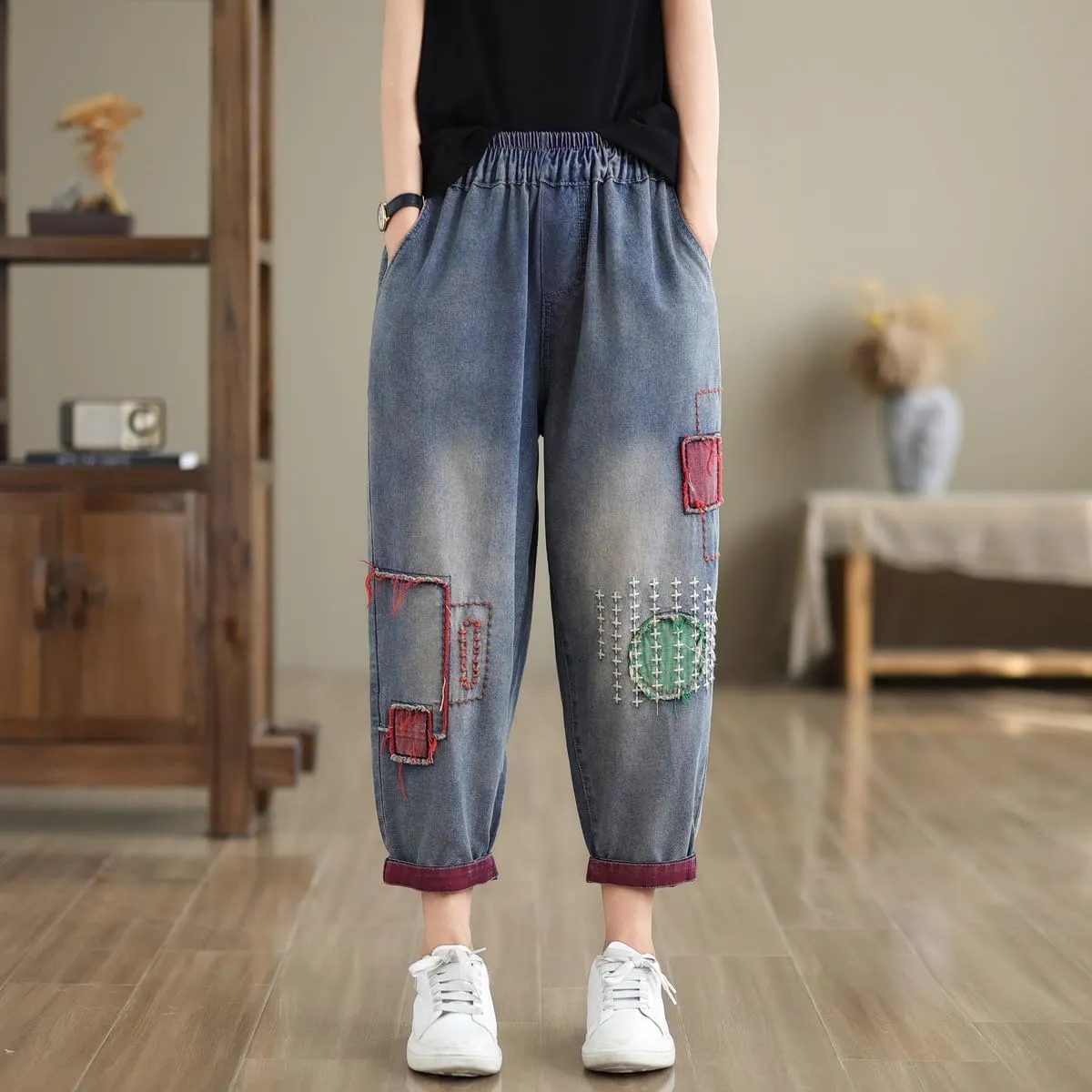 Women Retro Patch Embroidered Printed Loose Jeans Casual Ripped Jeans Harem Pants
