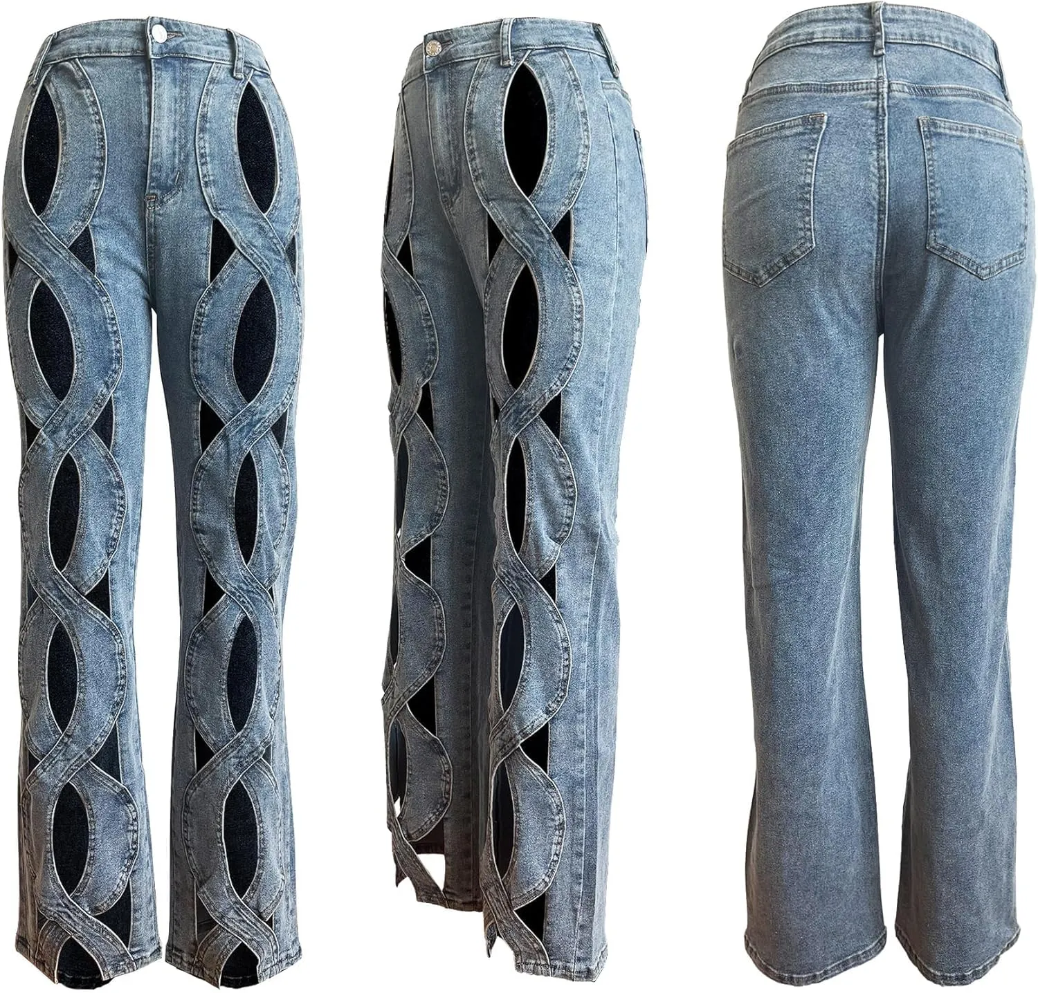 Women Sexy Hollow Out Baggy Jeans Y2k High Waisted Straight Leg Criss Cross Denim Pants