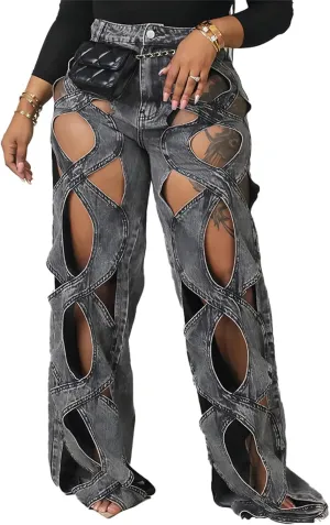 Women Sexy Hollow Out Baggy Jeans Y2k High Waisted Straight Leg Criss Cross Denim Pants