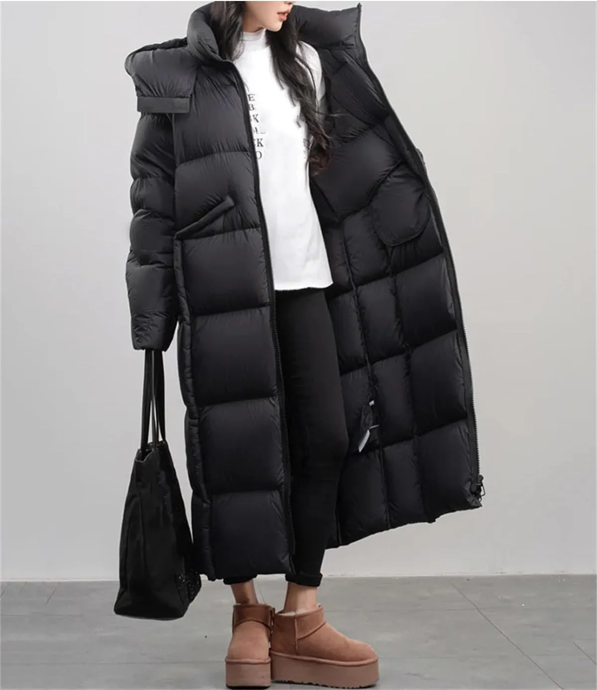Women Solid Knee Length Long Parka Coat Classic Hooded Thick Stripe Cotton-Padded Jacket