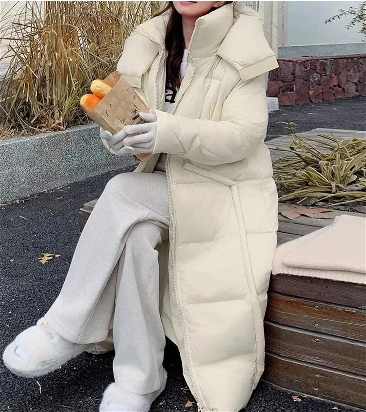 Women Solid Knee Length Long Parka Coat Classic Hooded Thick Stripe Cotton-Padded Jacket