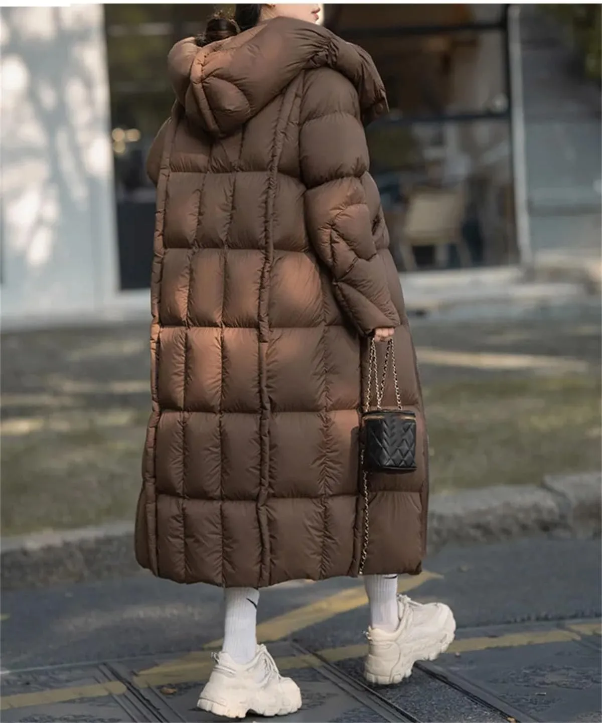 Women Solid Knee Length Long Parka Coat Classic Hooded Thick Stripe Cotton-Padded Jacket
