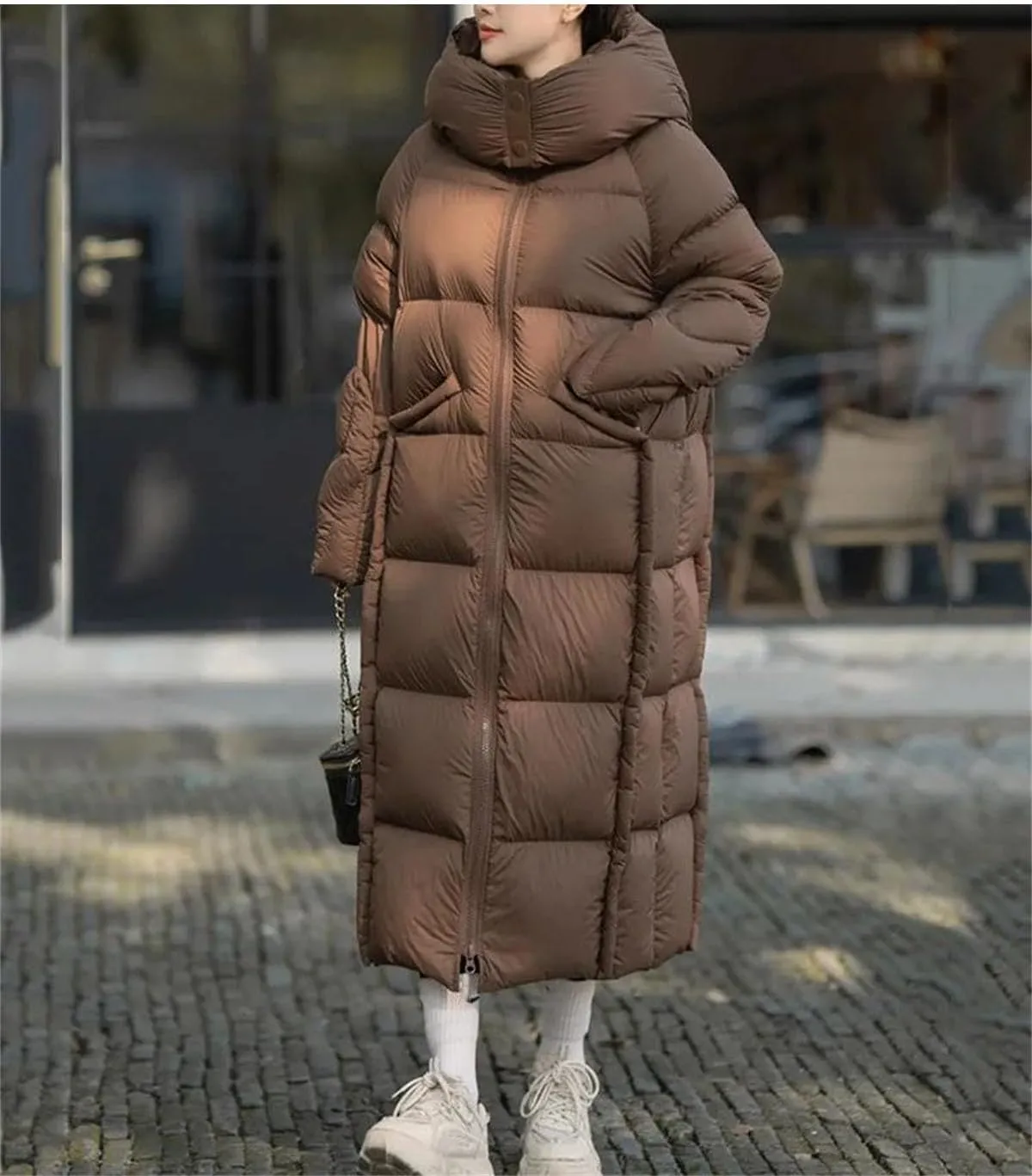 Women Solid Knee Length Long Parka Coat Classic Hooded Thick Stripe Cotton-Padded Jacket