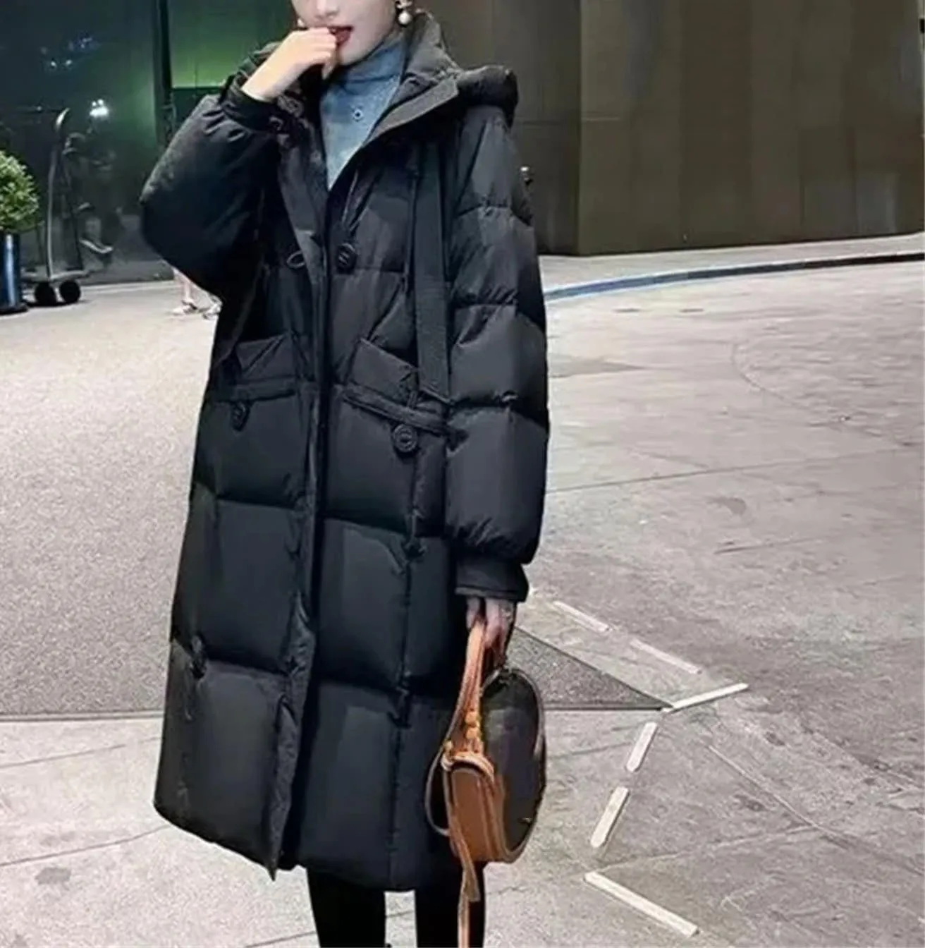 Women Solid Pockets Thicken Long Parka Coat Classic Drawstring Hooded Cotton-Padded Jacket