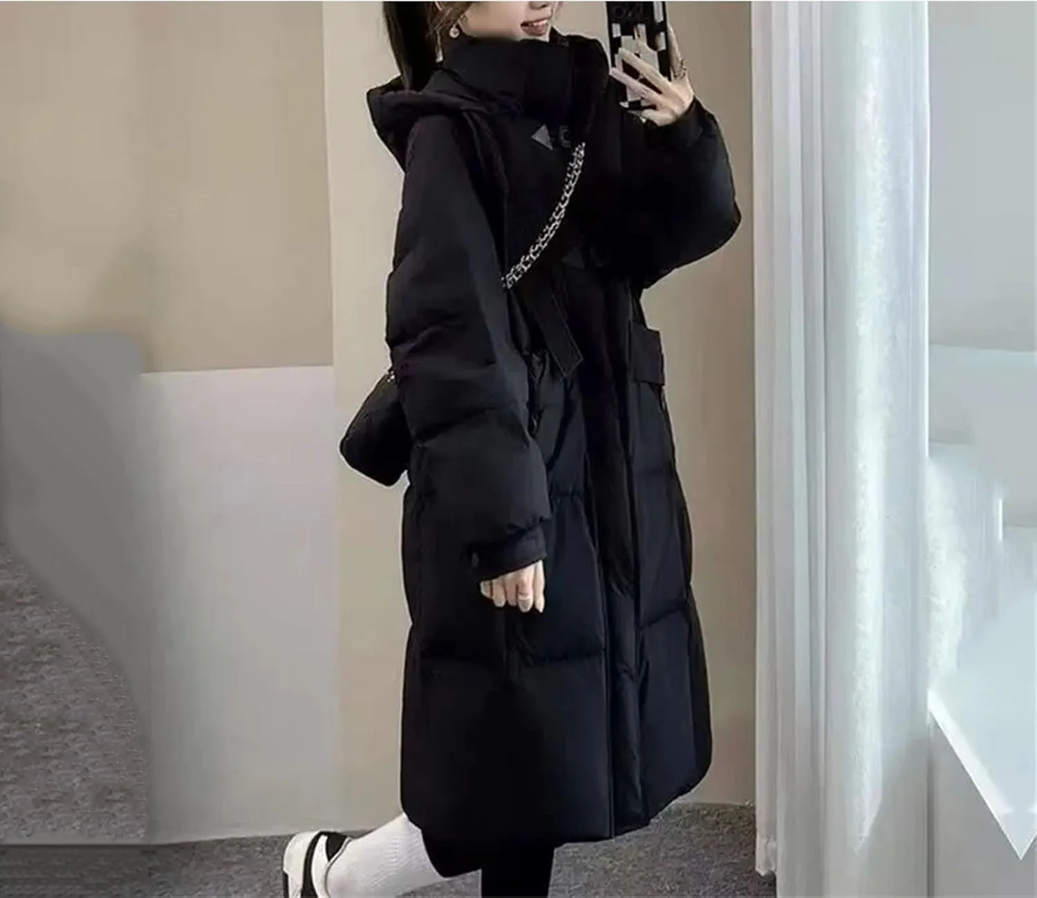 Women Solid Pockets Thicken Long Parka Coat Classic Drawstring Hooded Cotton-Padded Jacket