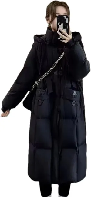 Women Solid Pockets Thicken Long Parka Coat Classic Drawstring Hooded Cotton-Padded Jacket