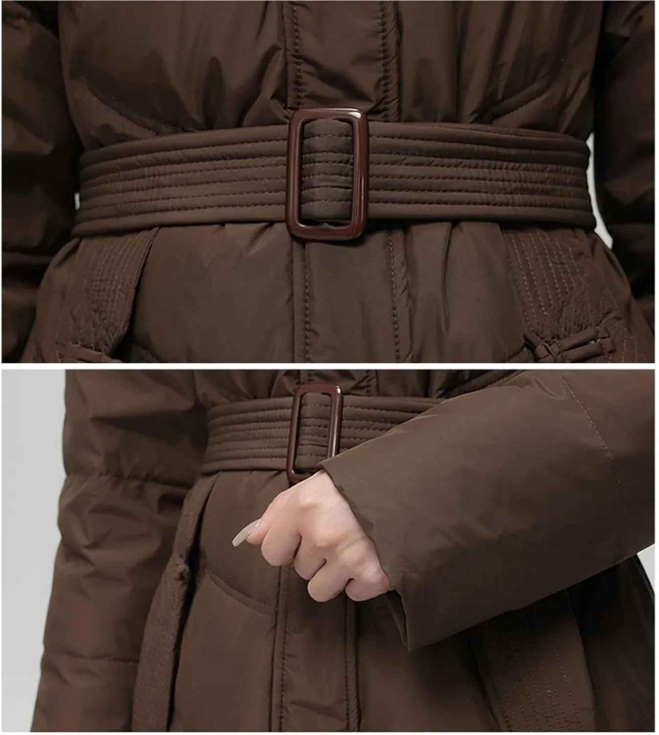 Women Solid Zipper Belt Long Parka Coat Classic Plush Hooded Slim Cotton-Padded Jacket