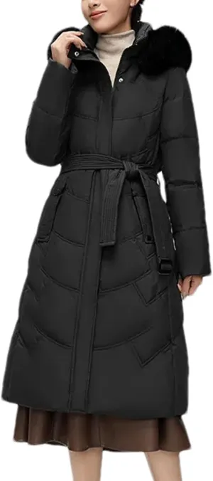 Women Solid Zipper Belt Long Parka Coat Classic Plush Hooded Slim Cotton-Padded Jacket