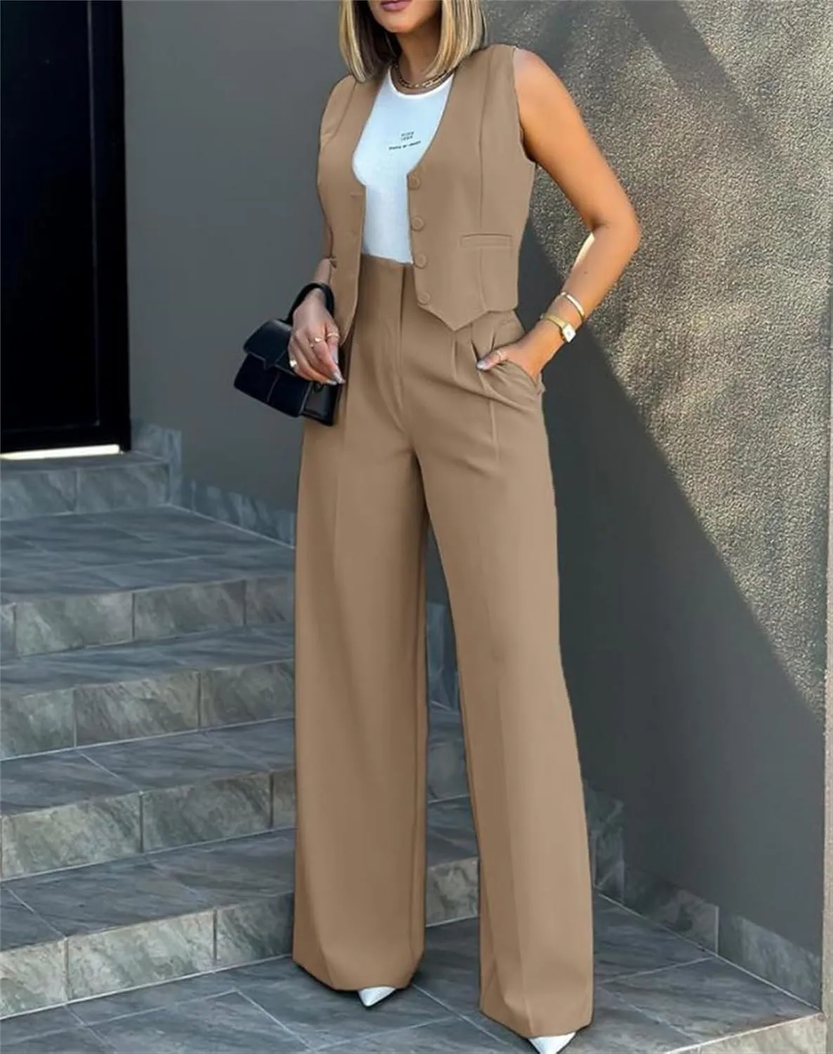Women Suits 2 Piece Set Business Sleeveless Blazer Vest&Wide Leg Pants Sets Casual Elegant Work Office Trendy Outfits