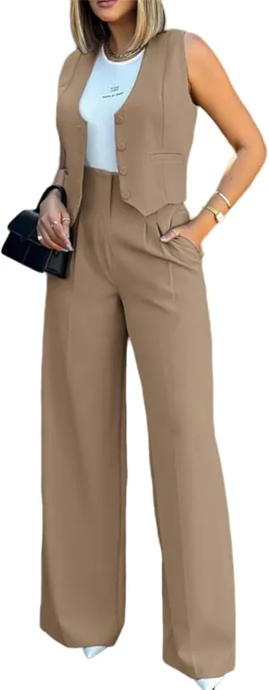 Women Suits 2 Piece Set Business Sleeveless Blazer Vest&Wide Leg Pants Sets Casual Elegant Work Office Trendy Outfits