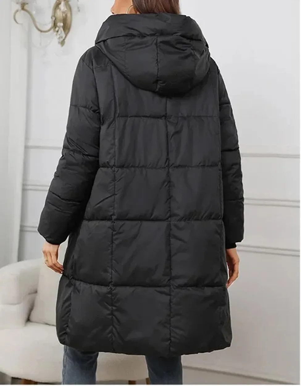 Women Thick Pockets Long Parka Coat Vintage Hooded Stripes Solid Cotton-Padded Jacket