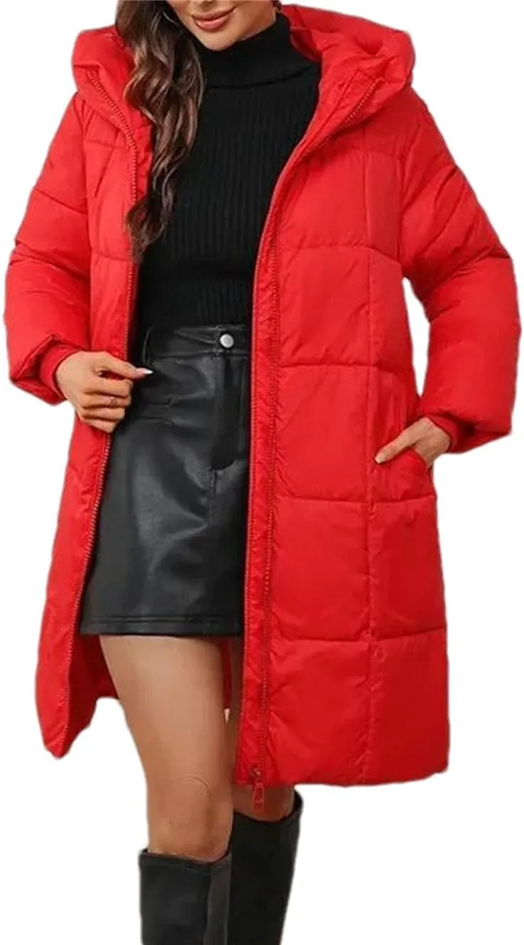 Women Thick Pockets Long Parka Coat Vintage Hooded Stripes Solid Cotton-Padded Jacket