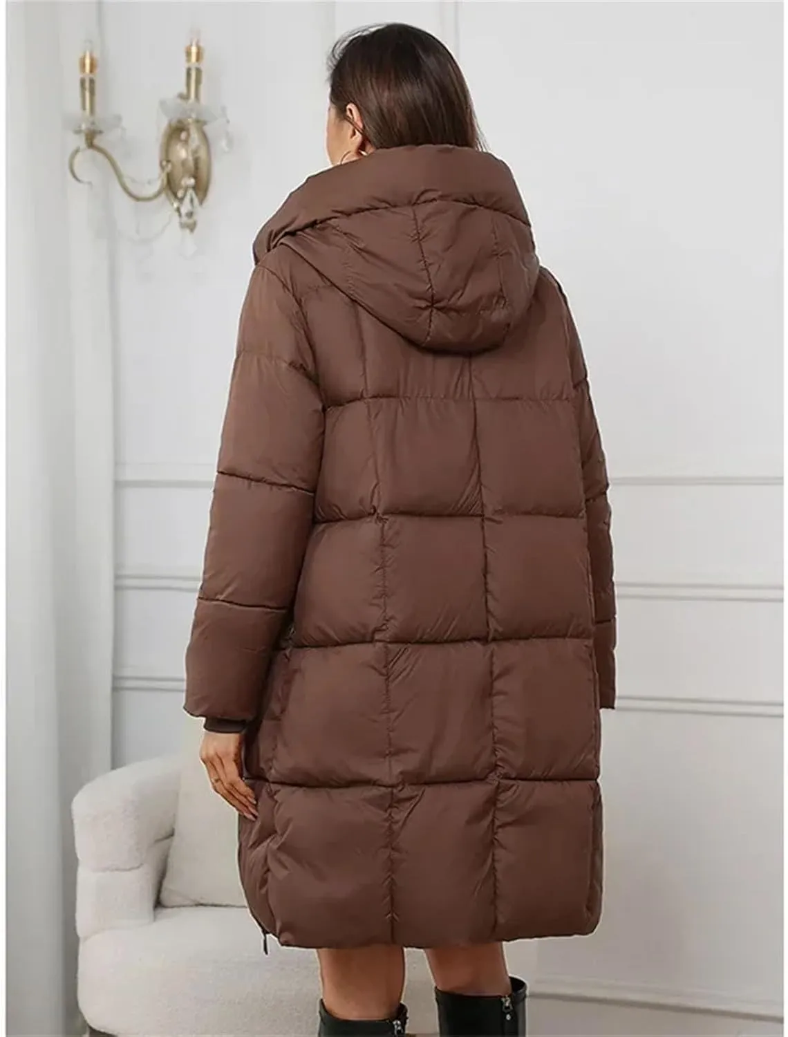 Women Thick Pockets Long Parka Coat Vintage Hooded Stripes Solid Cotton-Padded Jacket