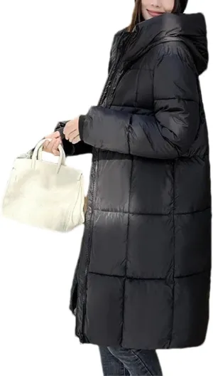 Women Thick Pockets Long Parka Coat Vintage Hooded Stripes Solid Cotton-Padded Jacket