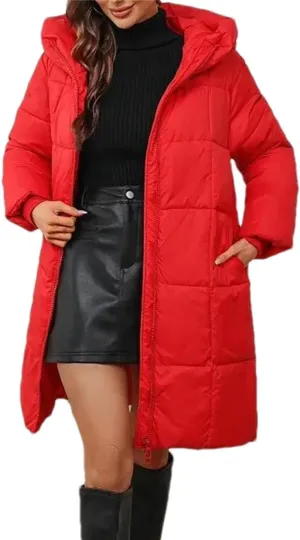 Women Thick Pockets Long Parka Coat Vintage Hooded Stripes Solid Cotton-Padded Jacket