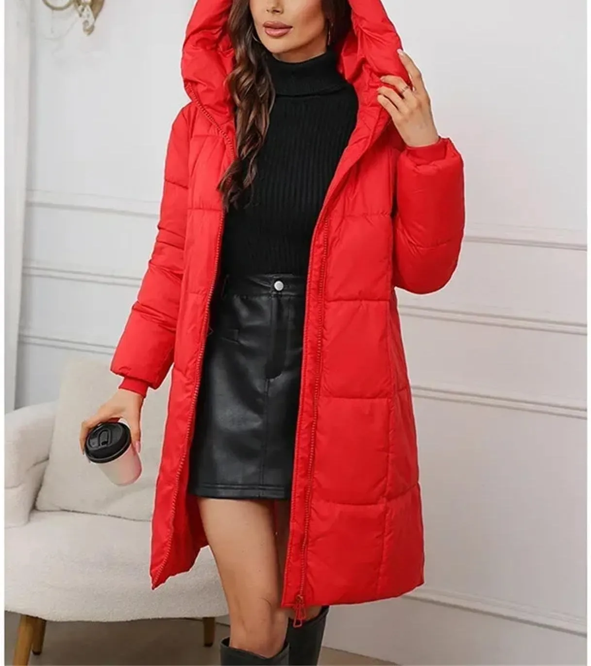 Women Thick Pockets Long Parka Coat Vintage Hooded Stripes Solid Cotton-Padded Jacket