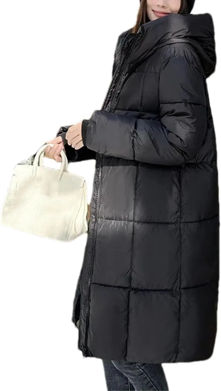 Women Thick Pockets Long Parka Coat Vintage Hooded Stripes Solid Cotton-Padded Jacket