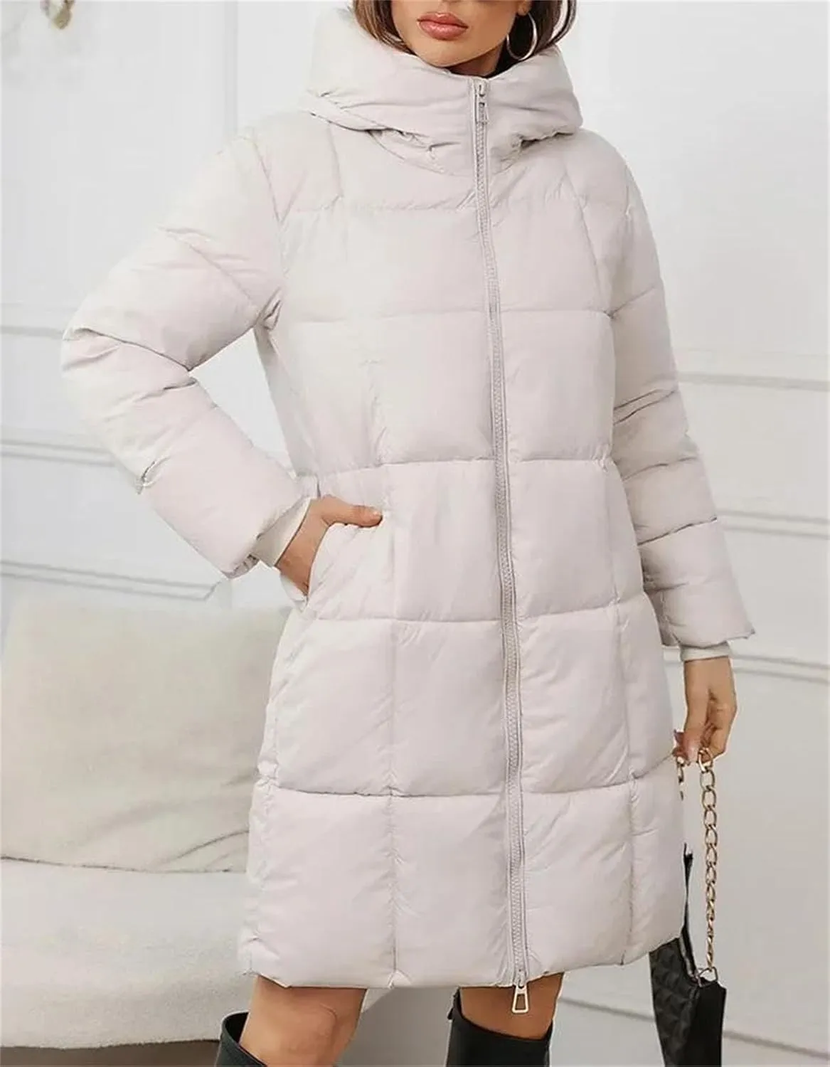 Women Thick Pockets Long Parka Coat Vintage Hooded Stripes Solid Cotton-Padded Jacket