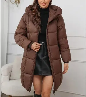 Women Thick Pockets Long Parka Coat Vintage Hooded Stripes Solid Cotton-Padded Jacket