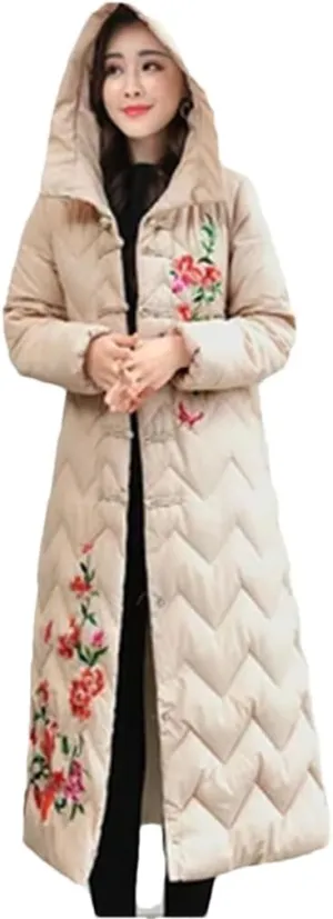 Women Top Down Cotton Jacket Korean Hooded Long Warm Padded Coat Embroidery Overcoat