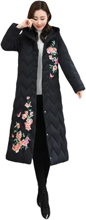 Women Top Down Cotton Jacket Korean Hooded Long Warm Padded Coat Embroidery Overcoat