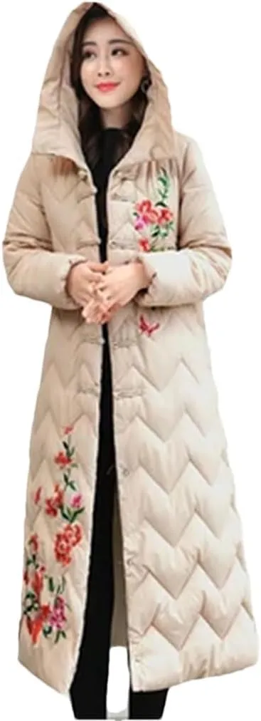 Women Top Down Cotton Jacket Korean Hooded Long Warm Padded Coat Embroidery Overcoat