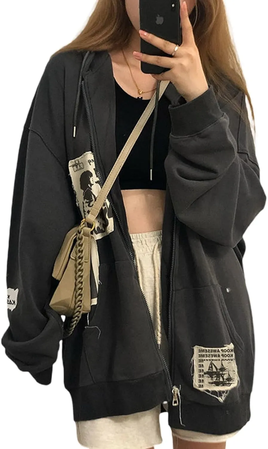 Women Y2k Hoodies Zip Up Disdress Harajuku Grunge Jacket Casual Oversized Sweatershirt Cute Alt Cardigan