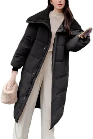 Women Zipper Button Over The Knee Parka Coat Classic Plush Lapel Long Cotton-Padded Jacket
