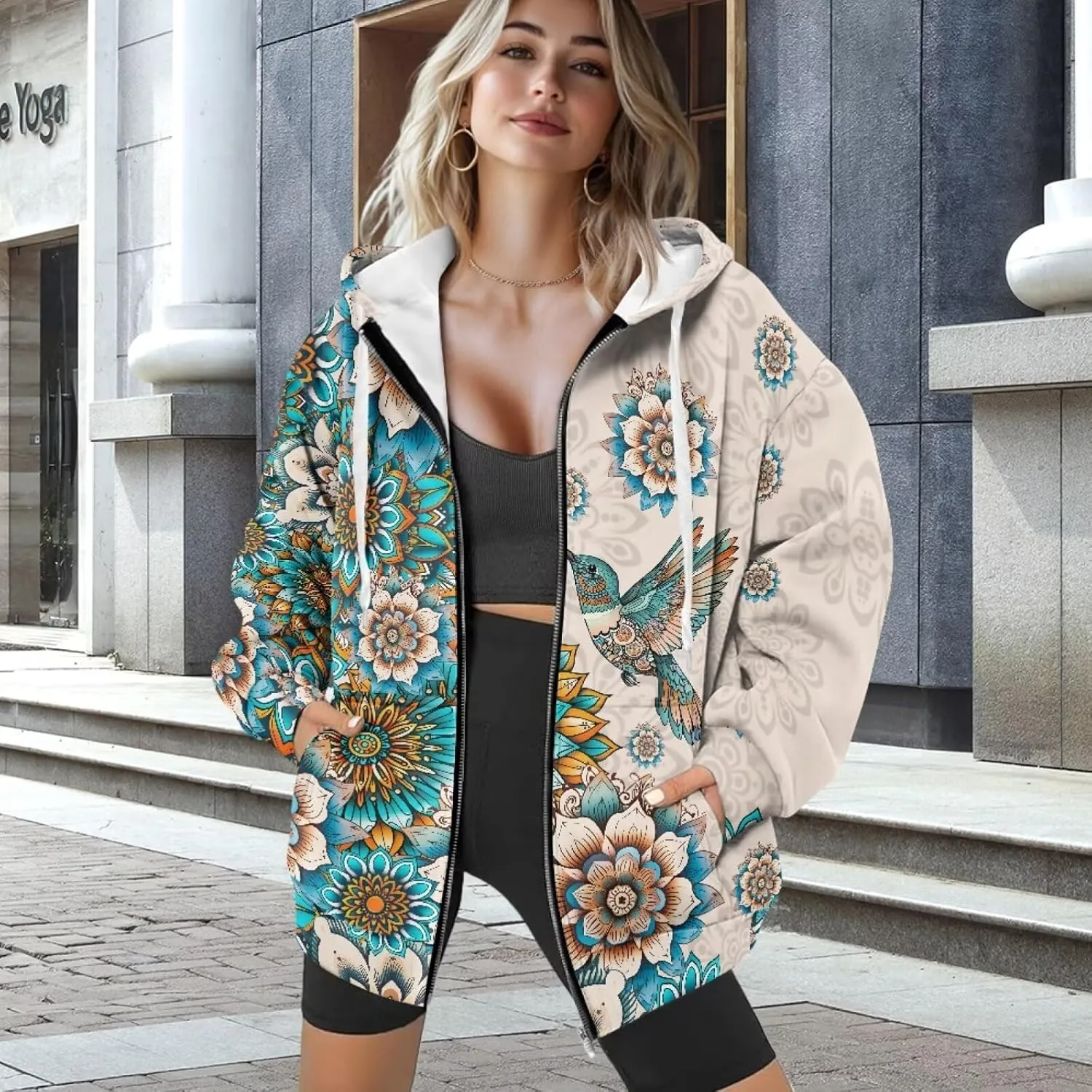 Women Zippered Hoodies Hooded Sweatshirt with Pocket Oversized Hoodie Drawstring Sweater Breathable Jacket Top
