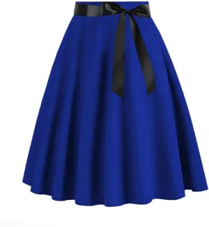 Women's 1950S Vintage Skirts Bow Belt High Waist A-Line Pleated Short Skirt Solid Color Knee Length Midi Skirt