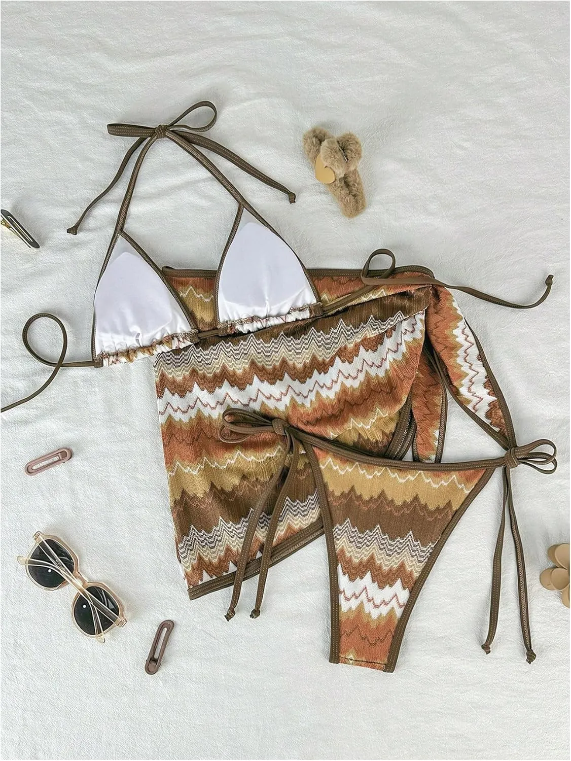 Women's 3 Piece Swimsuits Colorblock Halter Triangle Tie Knot Side Bikini Set with Cover Up Skirt