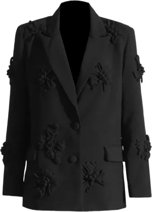 Womens Blazer Coats Notched Long Sleeve Double Breasted Jacket Flower Appliques Wedding Party Long Blazers