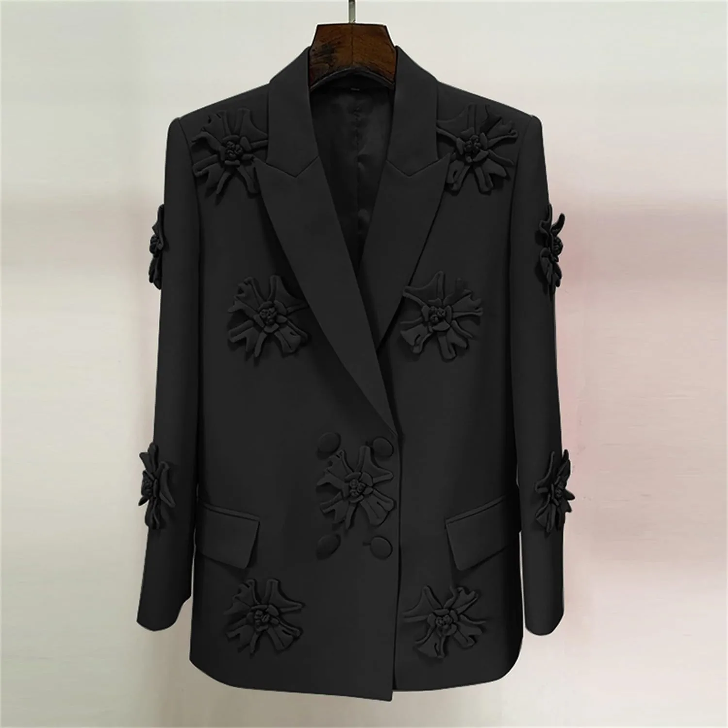 Womens Blazer Coats Notched Long Sleeve Double Breasted Jacket Flower Appliques Wedding Party Long Blazers