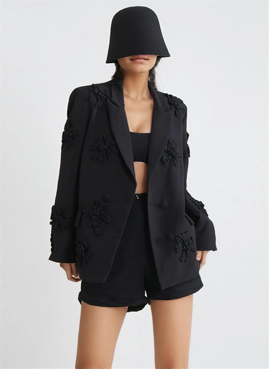Womens Blazer Coats Notched Long Sleeve Double Breasted Jacket Flower Appliques Wedding Party Long Blazers