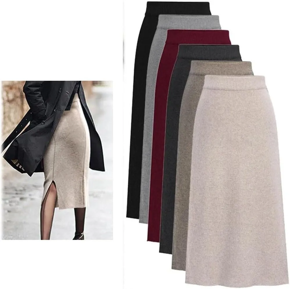 Women's Bodycon Split Pencil Skirt Elastic High Waist Knit Skirts Classic A-Line Skirt Office Lady Work Skirts