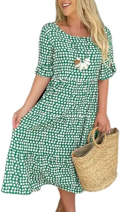 Womens Boho Polka Dot Midi Dresses Short Sleeve Crew Neck Flowy Swing Loose Long Beach Party Dresses