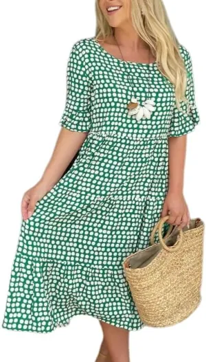 Womens Boho Polka Dot Midi Dresses Short Sleeve Crew Neck Flowy Swing Loose Long Beach Party Dresses