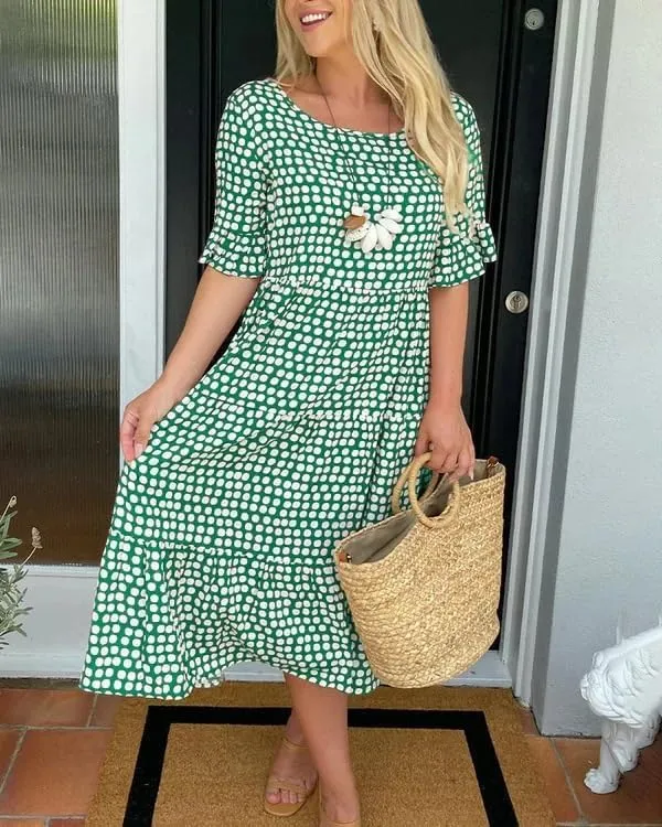 Womens Boho Polka Dot Midi Dresses Short Sleeve Crew Neck Flowy Swing Loose Long Beach Party Dresses