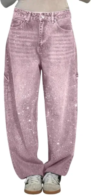 Women's Casual Rhinestone Loose Harem Jeans High Waisted Rhinestone Jeans Straight Wide Leg Sparkly Denim Pants