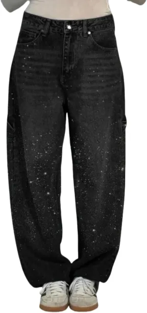 Women's Casual Rhinestone Loose Harem Jeans High Waisted Rhinestone Jeans Straight Wide Leg Sparkly Denim Pants