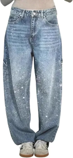 Women's Casual Rhinestone Loose Harem Jeans High Waisted Rhinestone Jeans Straight Wide Leg Sparkly Denim Pants
