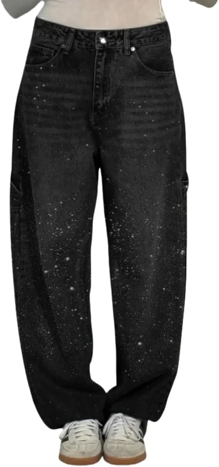 Women's Casual Rhinestone Loose Harem Jeans High Waisted Rhinestone Jeans Straight Wide Leg Sparkly Denim Pants