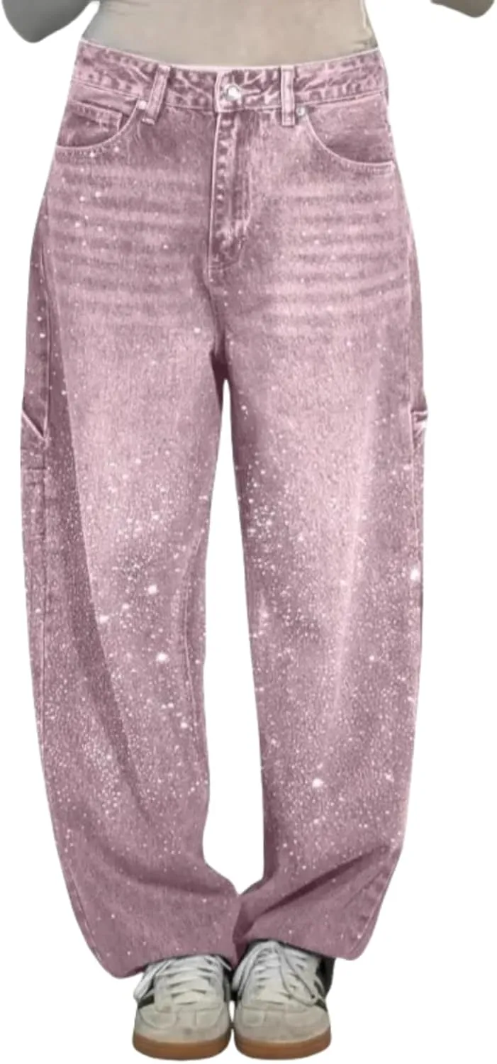Women's Casual Rhinestone Loose Harem Jeans High Waisted Rhinestone Jeans Straight Wide Leg Sparkly Denim Pants